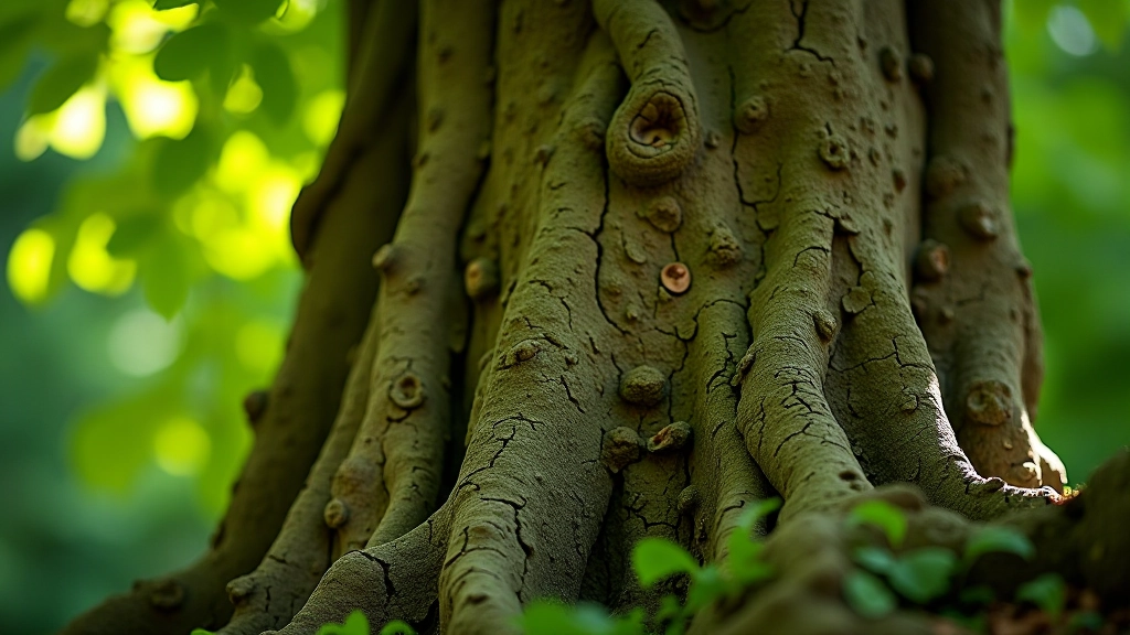 Close-up of ancient tree trunk with textured bark in Vermanes Garden, sunlight filtering through green leaves above