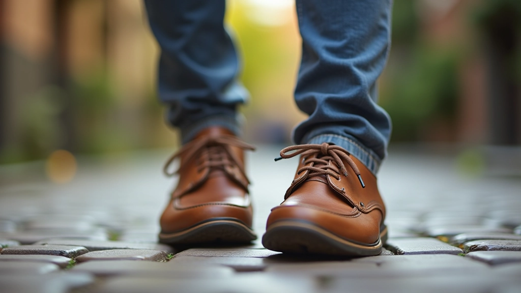 Close-up detail of comfortable walking shoes on cobblestone street with historic building facades blurred in background
