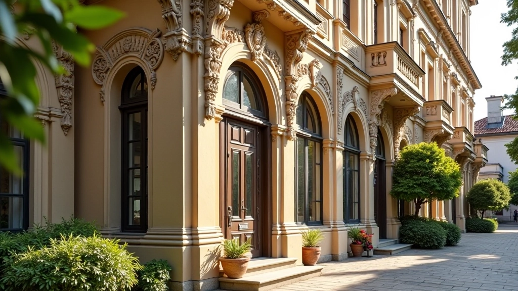 Historic Art Nouveau building facade with ornate stone details and arched windows in Riga
