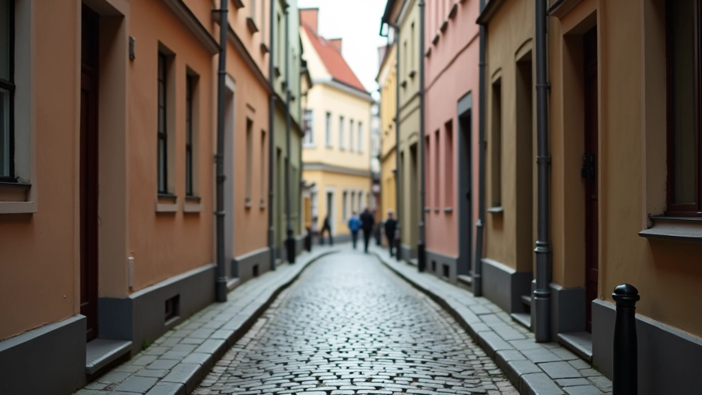 Narrow cobblestone street in historic district with traditional buildings, atmospheric lighting