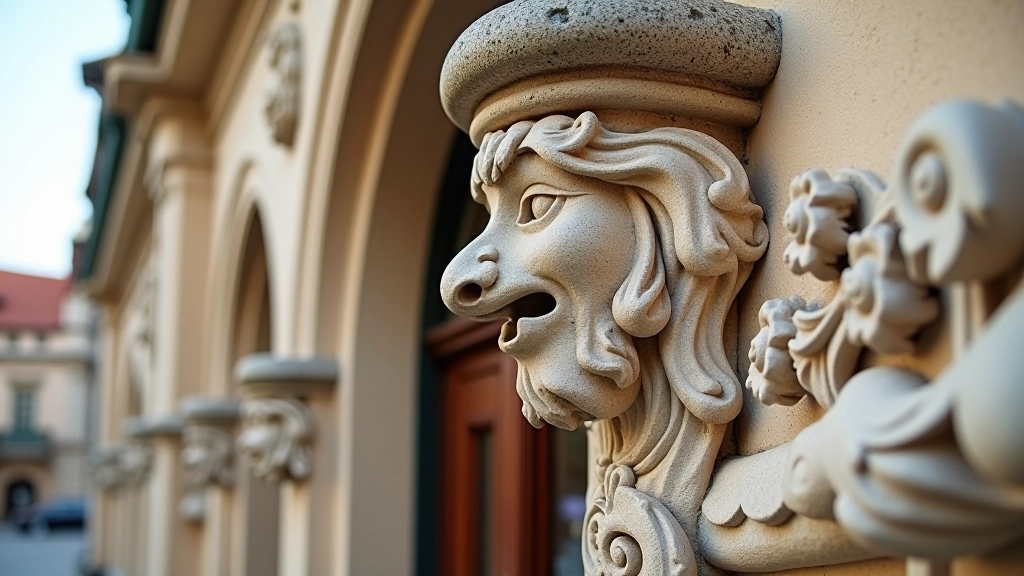 Close-up of ornate Art Nouveau stone carving showing detailed floral and animal motifs on building facade