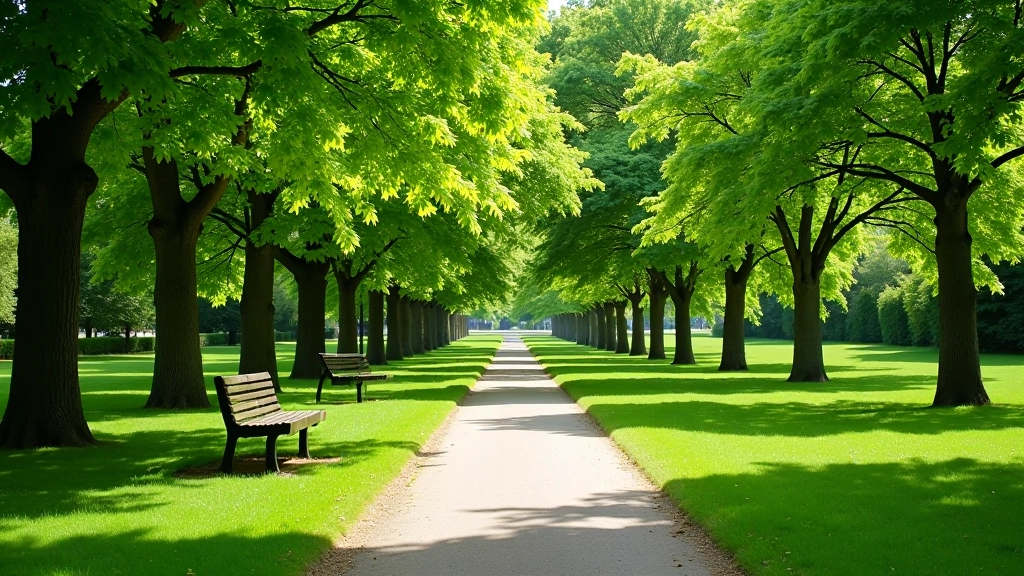 Peaceful park garden with mature trees and walking paths, benches visible